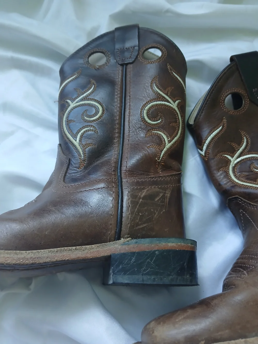 Old West Boys Brown Leather Square Toe Western Boots  size 11-D Kids